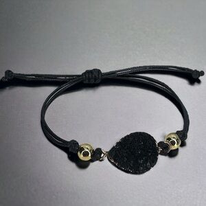 Chic NWOT Black Leather Adjustable Bracelet with Dazzling Gold & Black Charm!